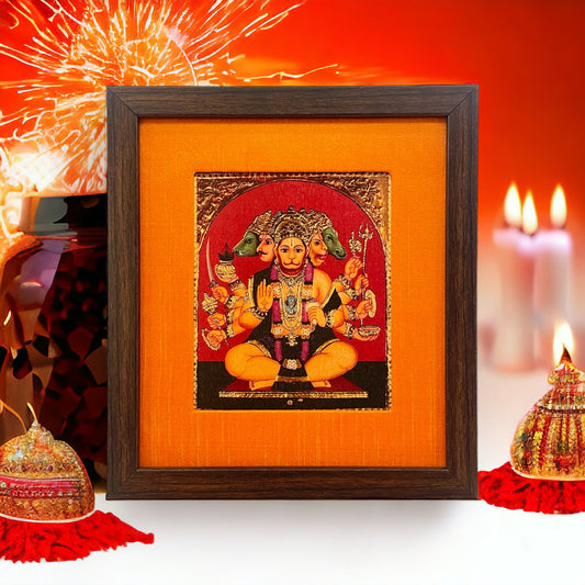 Transcendent Majesty of God Panchamooki Hanuman With Brown Frame