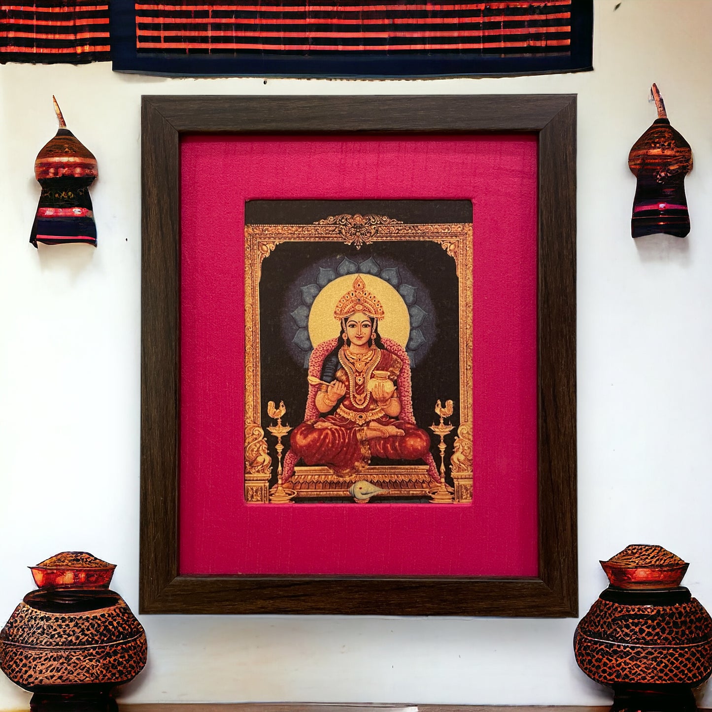 Pooja room frame and kitchen decor -Annapoorneshwari with Pink Silk & Brown Frame