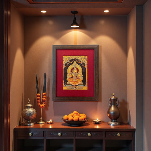 Ruby Radiance: Lakshmi Devi's Divine Presence in Red Silk With Brown Frame