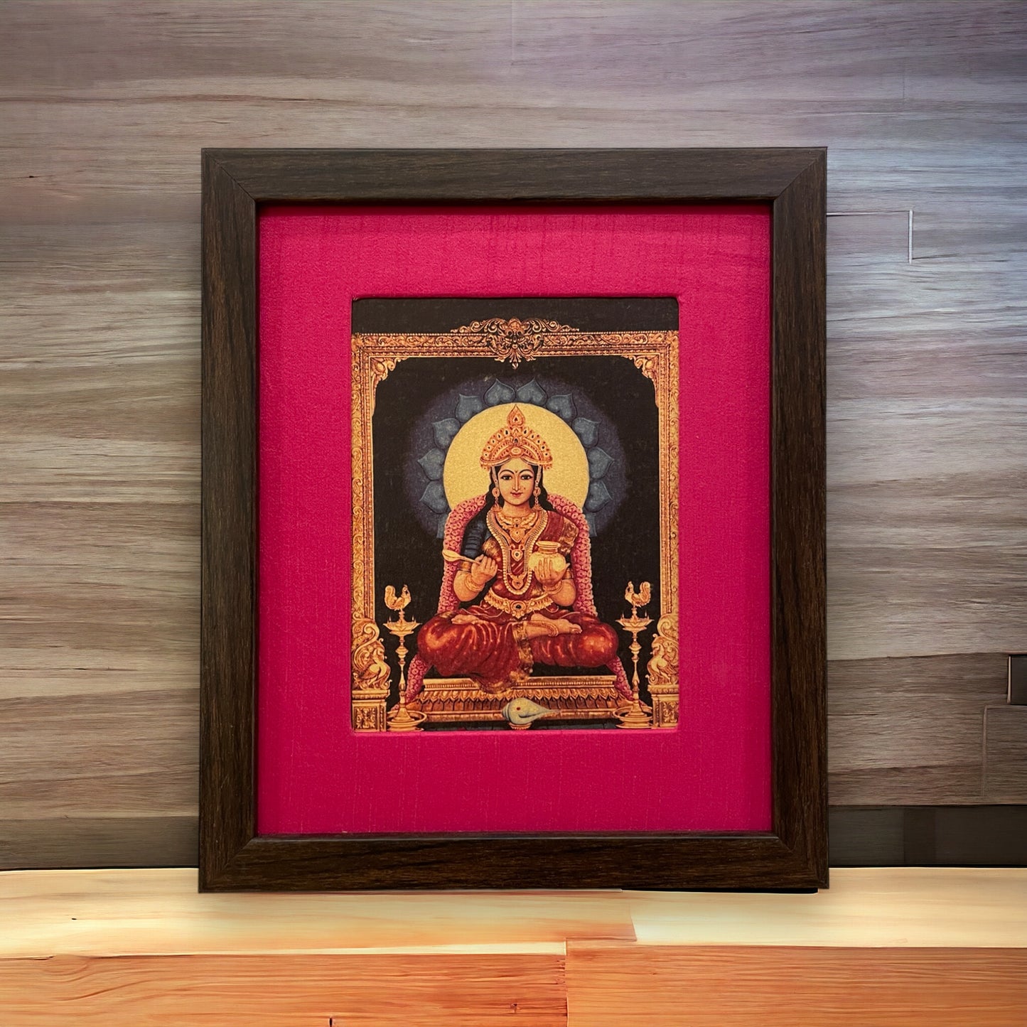 Pooja room frame and kitchen decor -Annapoorneshwari with Pink Silk & Brown Frame