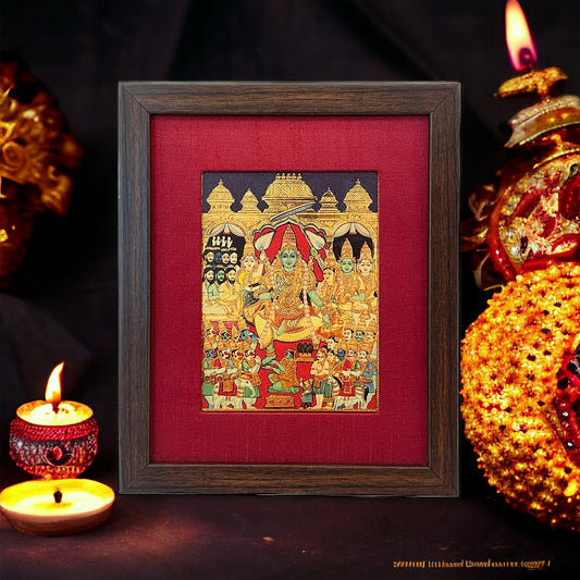 Sacred Coronation: Lord Rama's Pattabhishekam in Red Silk Brown Frame