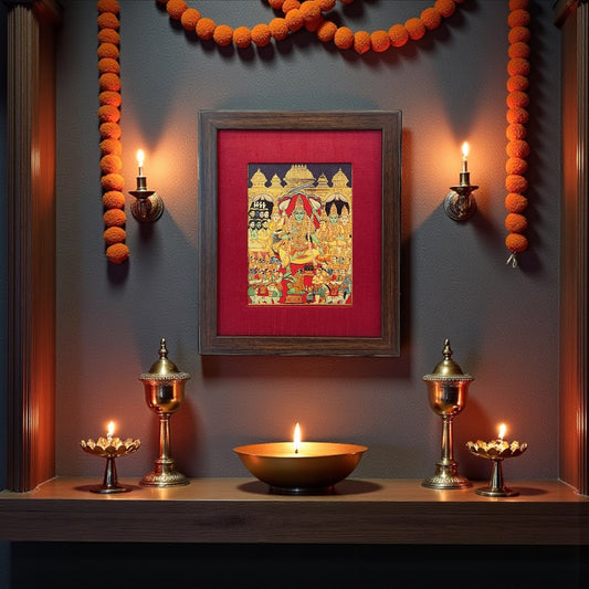 Sacred Coronation: Lord Rama's Pattabhishekam in Red Silk Brown Frame