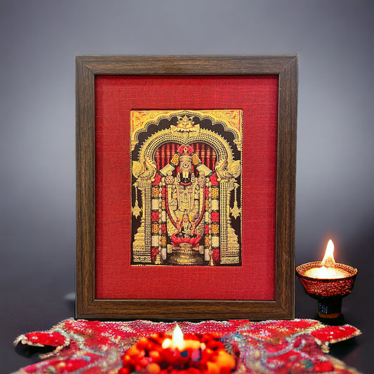 The Divine Presence of God Tirupati Balaji in Red Silk With Brown Frame