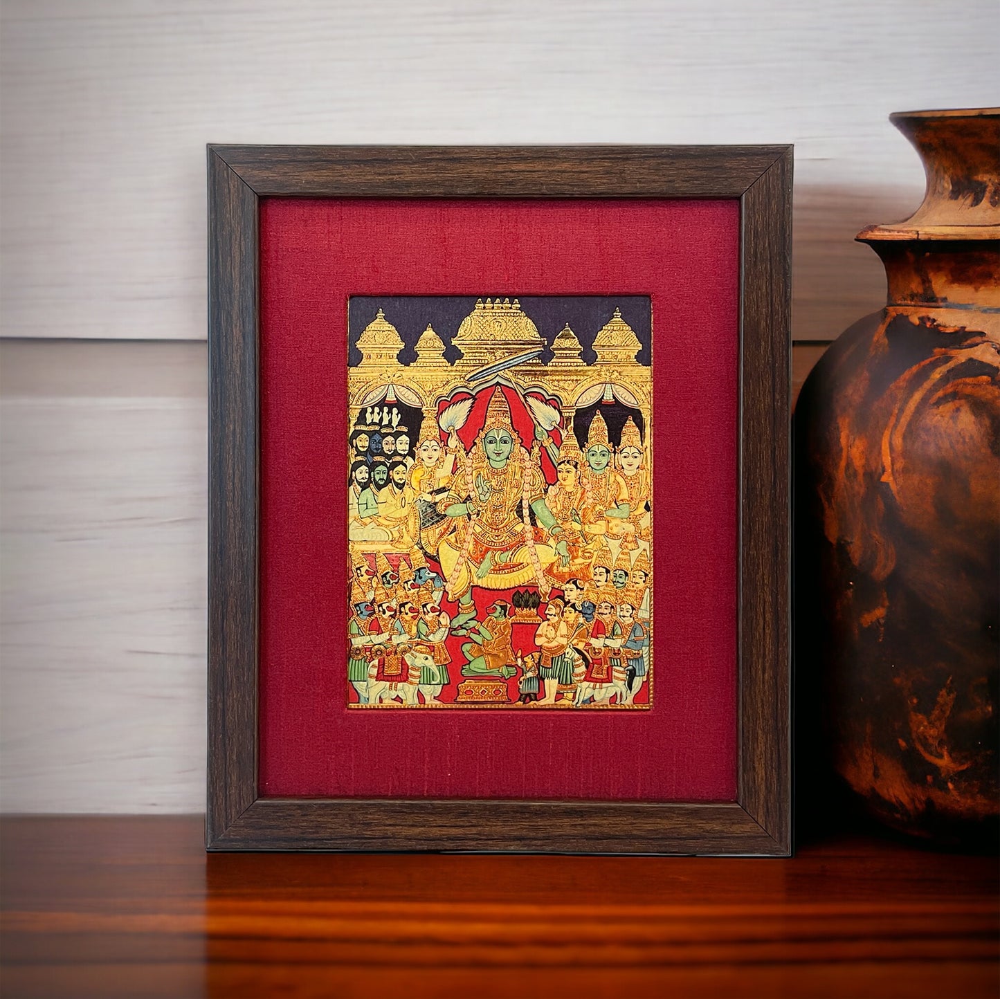 Sacred Coronation: Lord Rama's Pattabhishekam in Red Silk Brown Frame