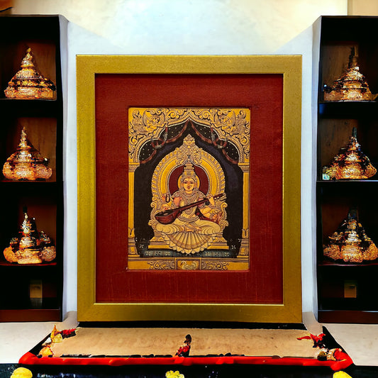 "Goddess Saraswati" : Saraswati Devi Presence in Redwine silk with Gold frame