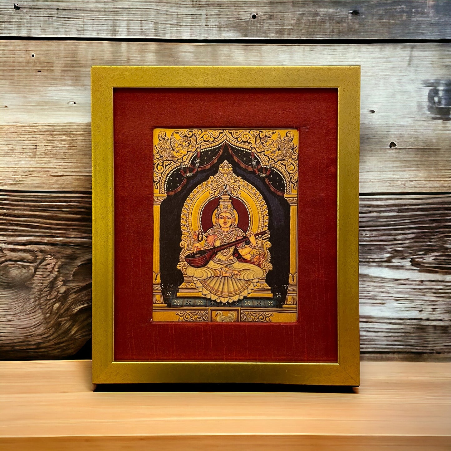 "Sacred Serenity: Embrace Enlightenment with Our Saraswati Pooja Room Photo Frame"