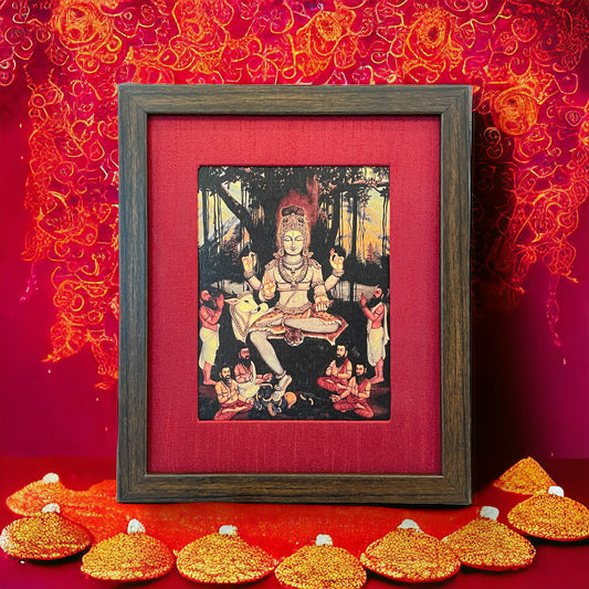 Sacred Wisdom Unveiled: God Dakshinamurthy Presence in Red Silk With Brown Frame