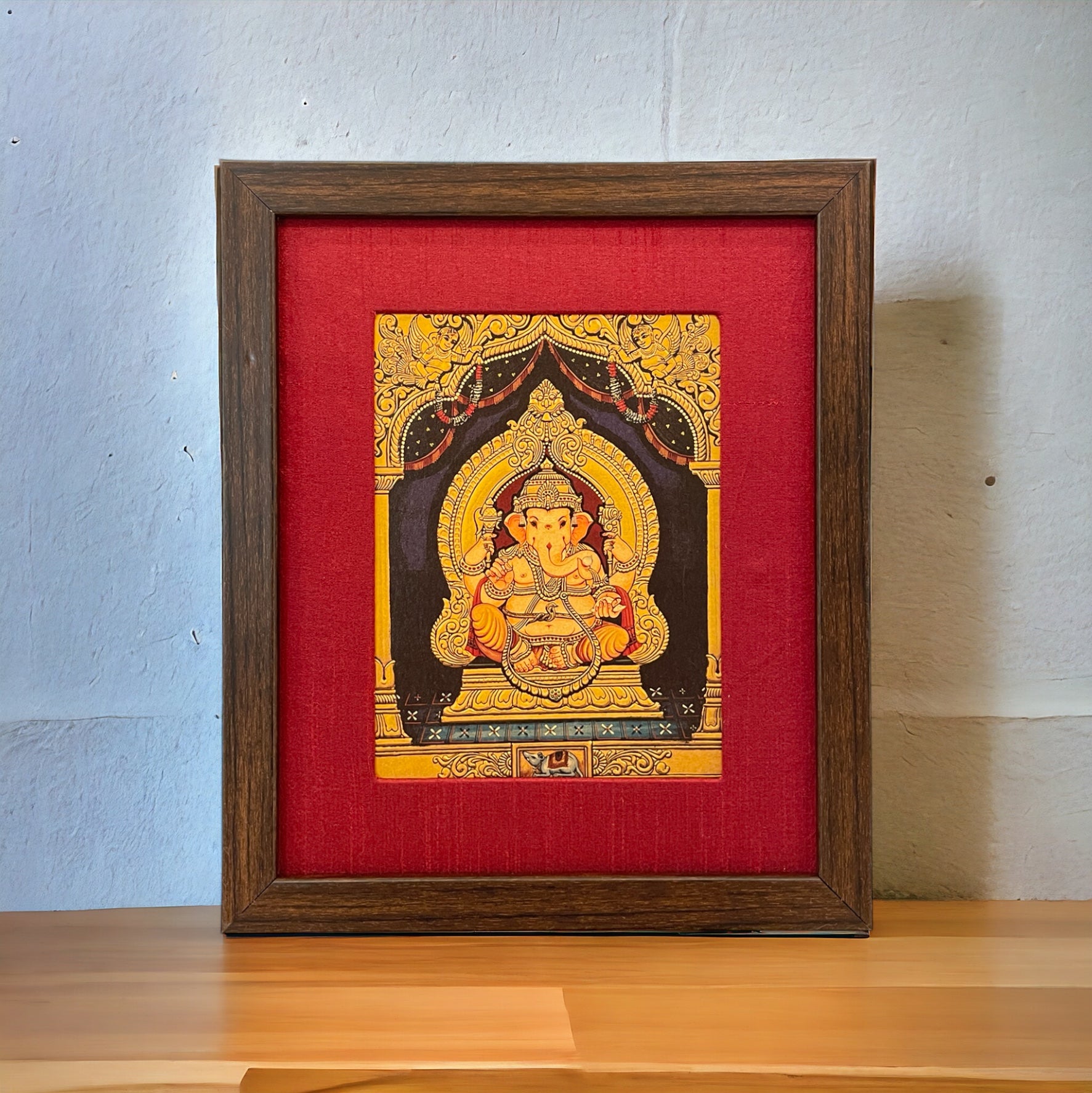 Shri Ganesha Gold Leafed Artwork with Red Silk With Brown Frame