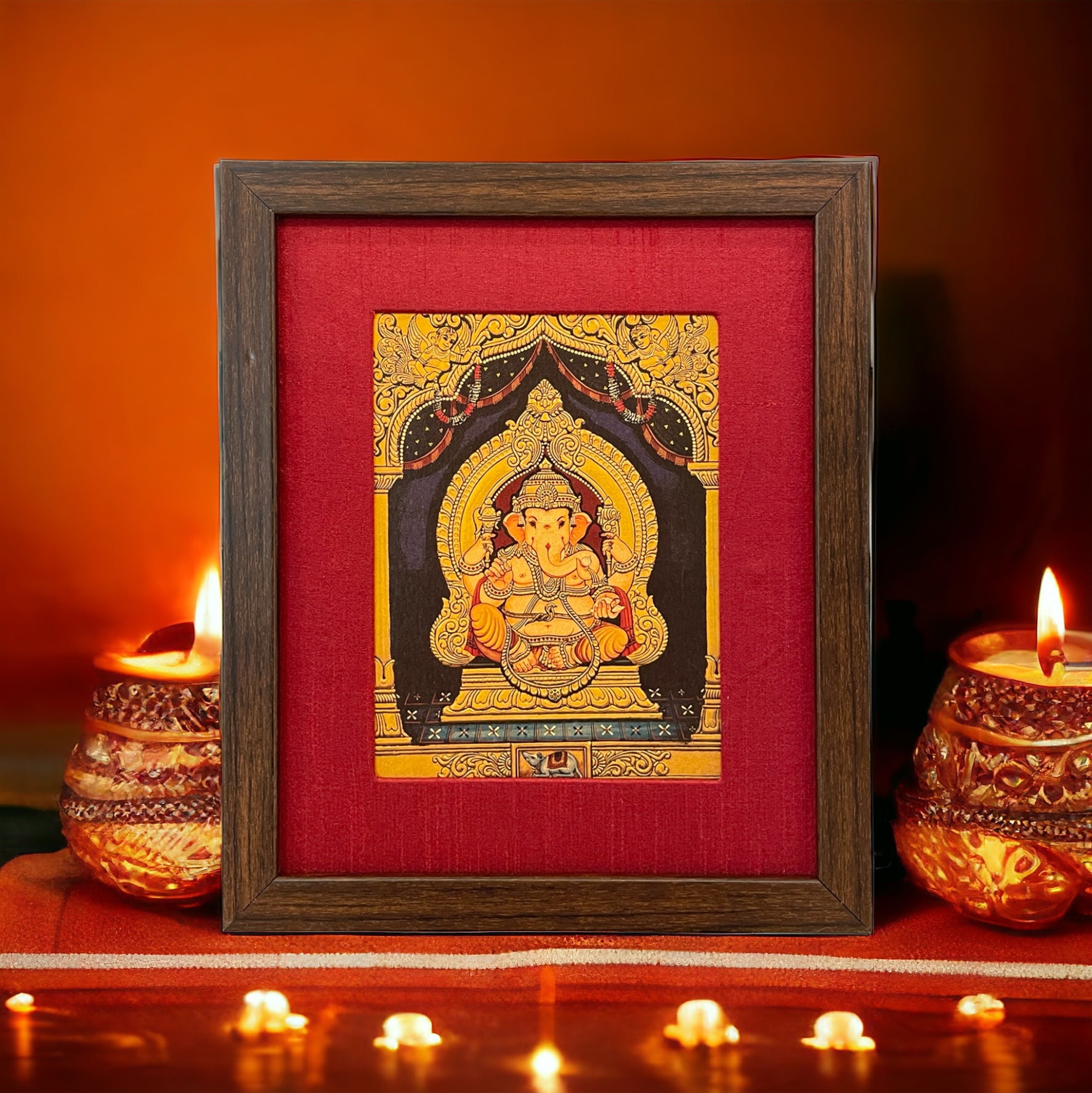 Shri Ganesha Gold Leafed Artwork with Red Silk With Brown Frame