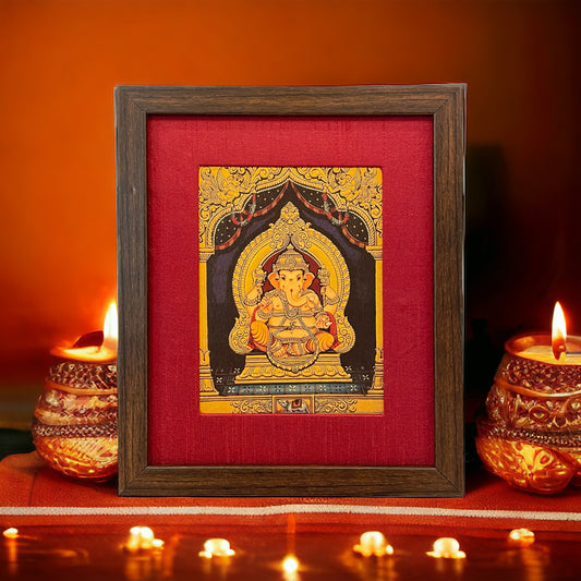 Shree Ganesha's Divine Presence with  Red Silk With Brown Frame