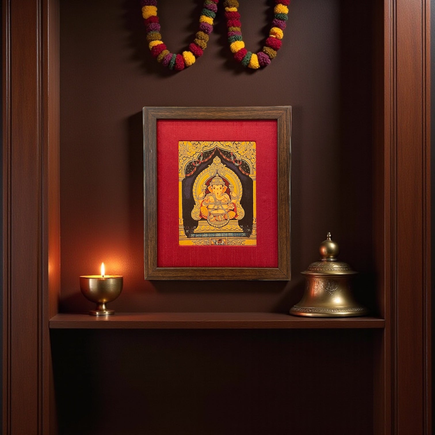 Shri Ganesha Gold Leafed Artwork with Red Silk With Brown Frame
