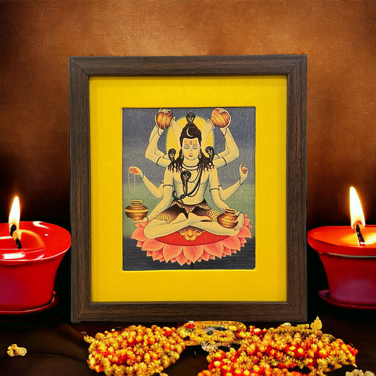 Sacred Radiance: Maha Mrityunjaya in Serene in Yellow Silk With Brown Frame