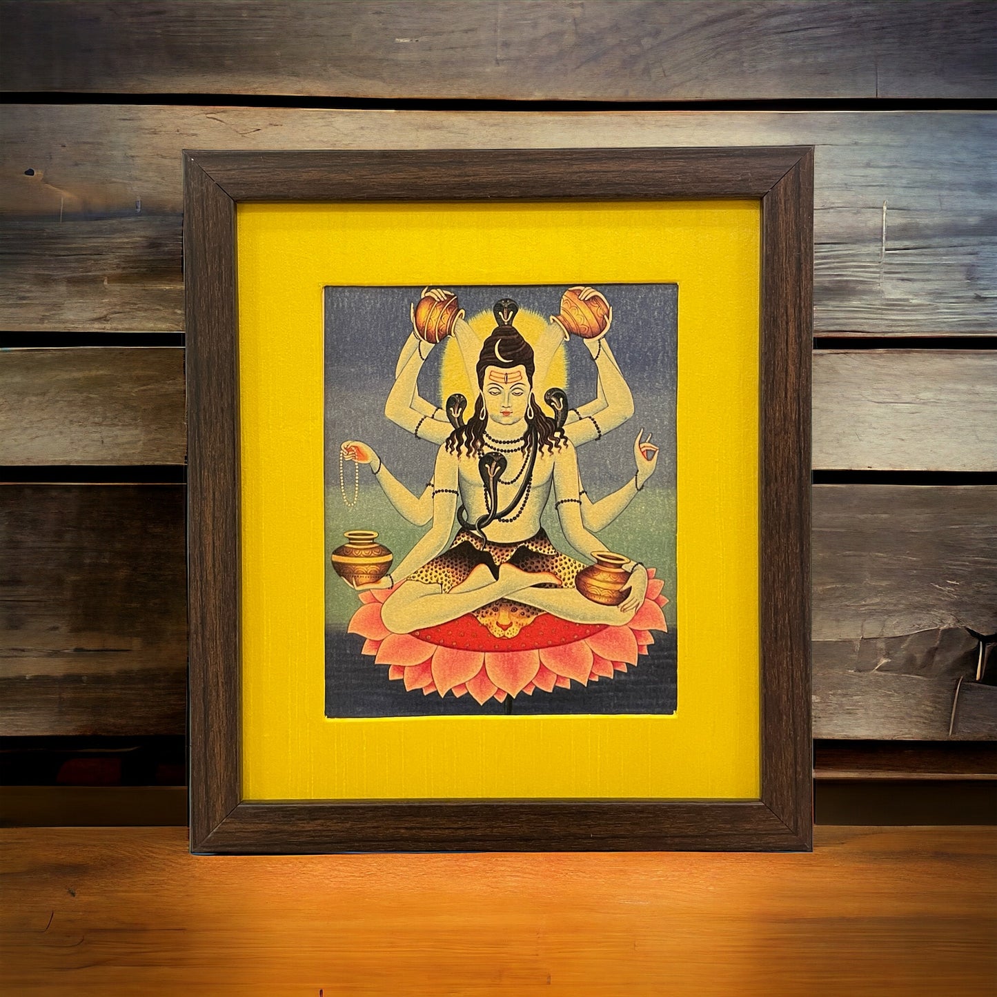 Sacred Radiance: Maha Mrityunjaya in Serene in Yellow Silk With Brown Frame