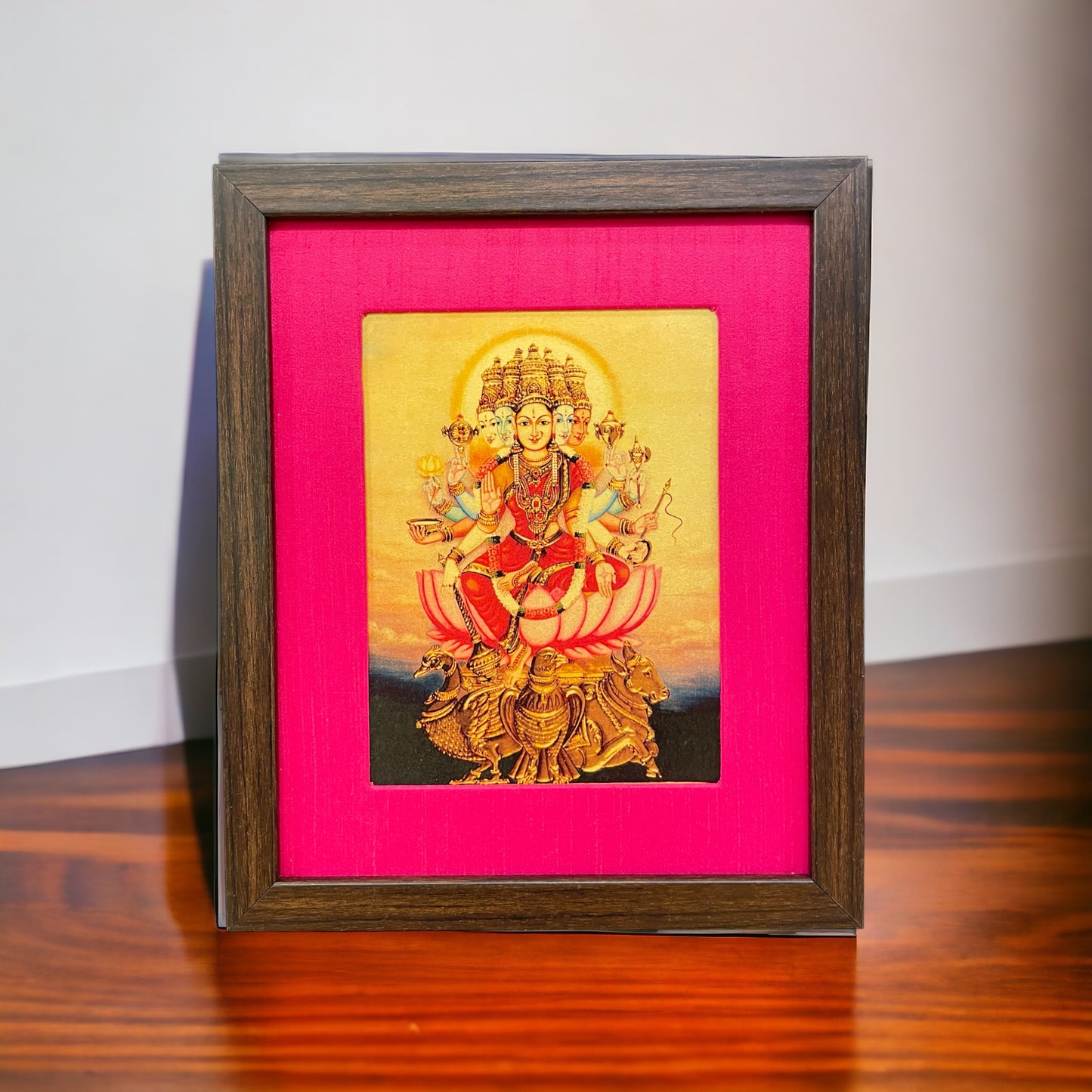 Serenity in Pink: Devotion to Gayathri Matha Devi in Pink Silk With Brown Frame