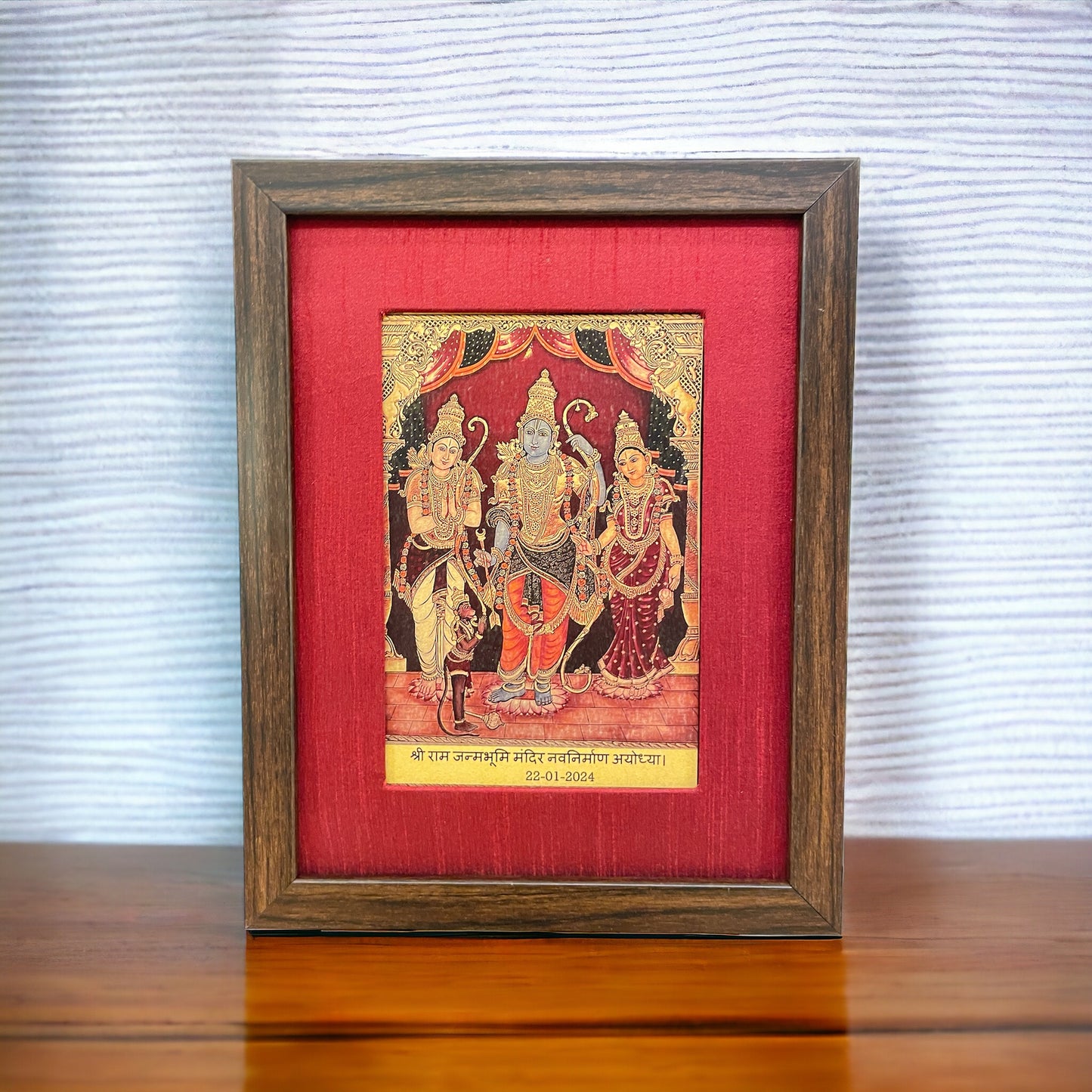 Rama,Sita,Lakshmana & Hanuman in Red Silk With Brown Frame