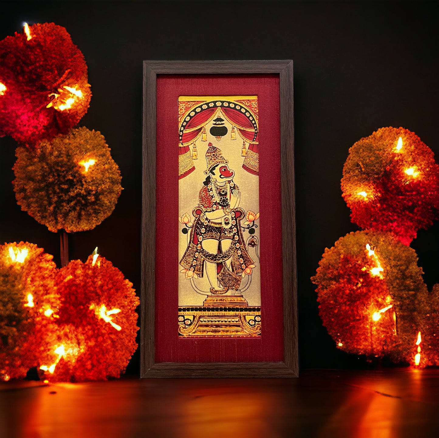 Harmony of Divinity: Lord Hanuman Artistry in Red Silk With Brown Frame