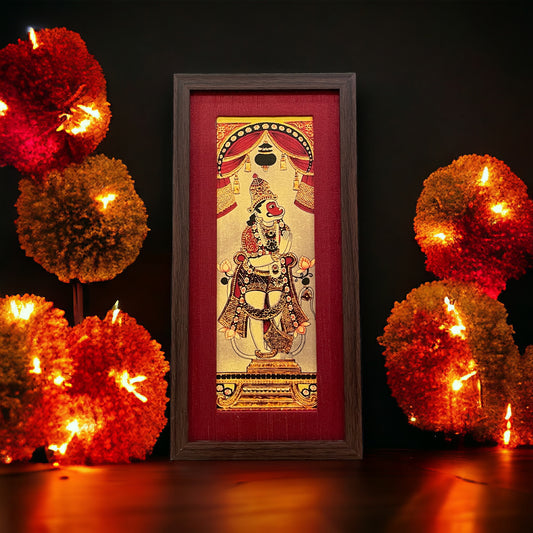 Harmony of Divinity: Lord Hanuman Artistry in Red Silk With Brown Frame