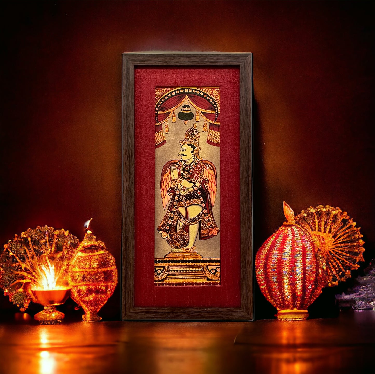 Divine Grace: God Garuda's Majestic Depiction in Red Silk With Brown Frame