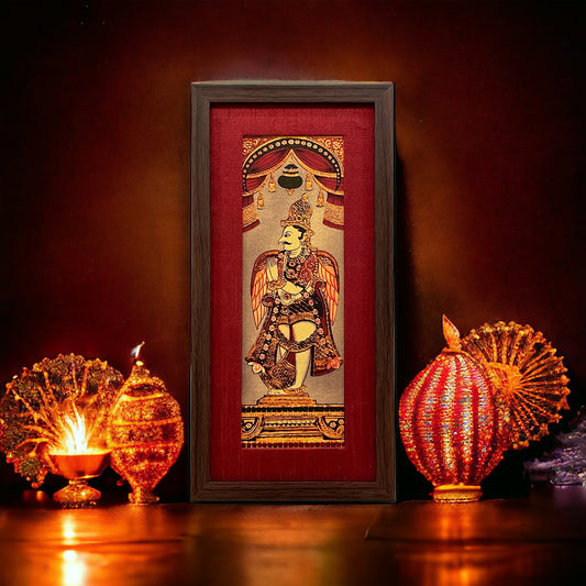 Divine Grace: God Garuda's Majestic Depiction in Red Silk With Brown Frame