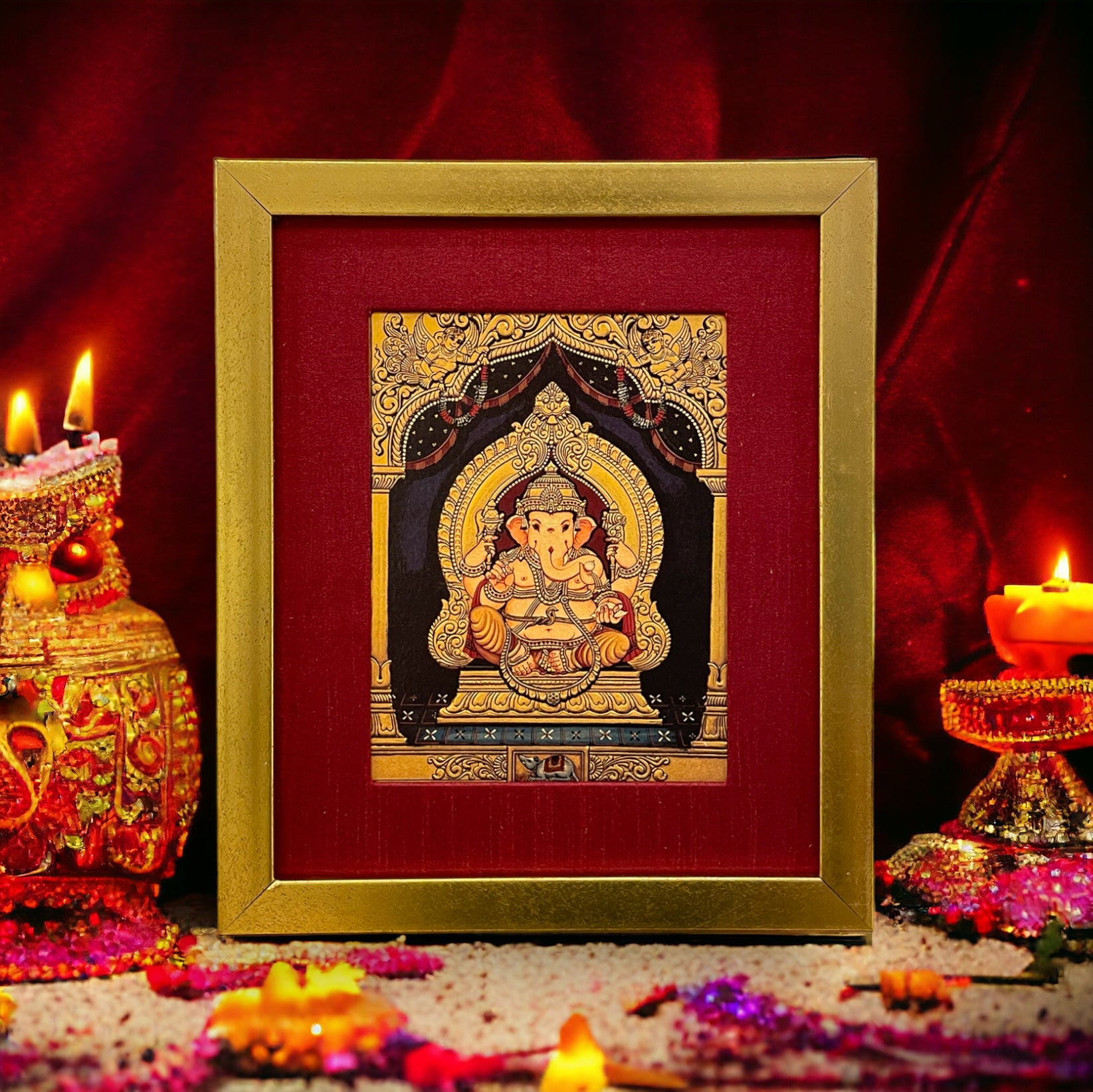 Shri Ganesha Gold Leafed Artwork in Red silk with Gold Frame