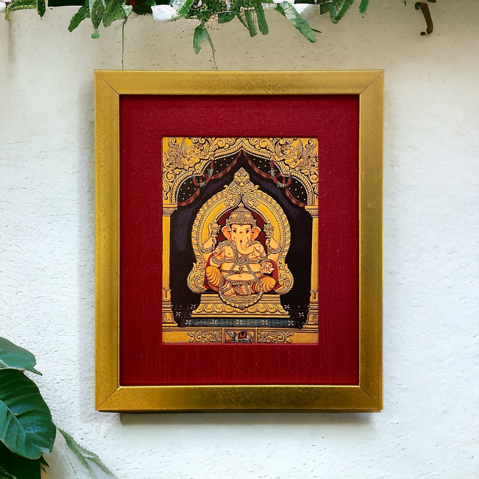 Shri Ganesha Gold Leafed Artwork in Red silk with Gold Frame