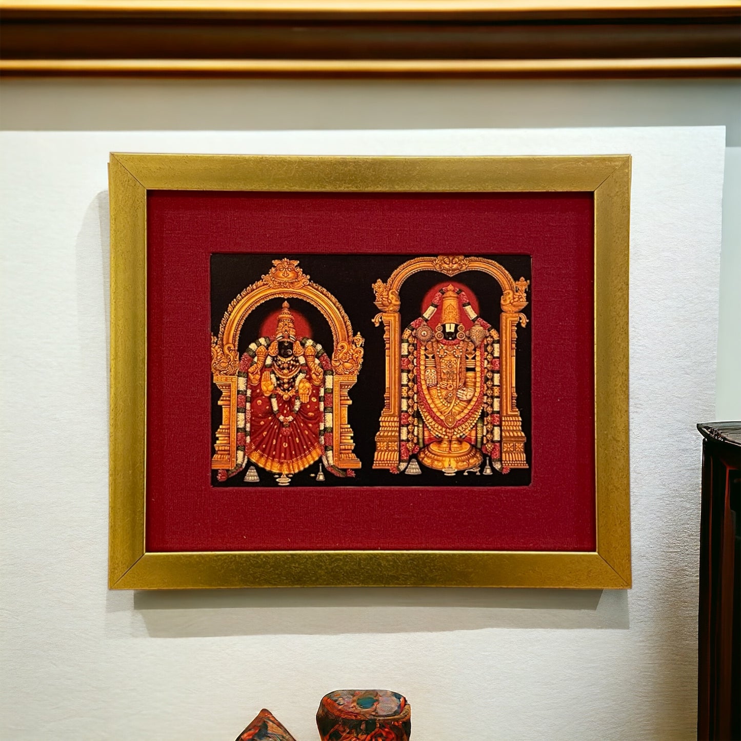 Divine Depiction of God Venkateswara and Goddess Padmavathi in Red Silk With Gold Frame