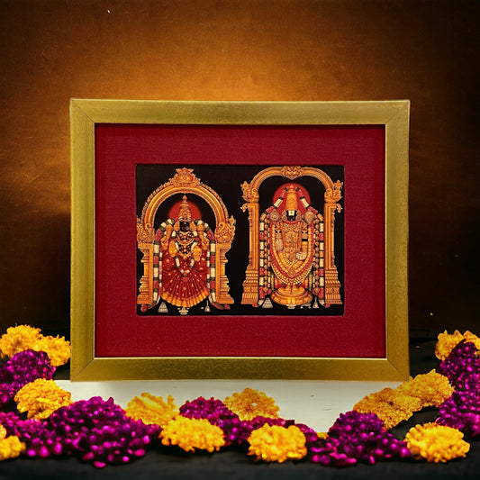 Divine Depiction of God Venkateswara and Goddess Padmavathi in Red Silk With Gold Frame