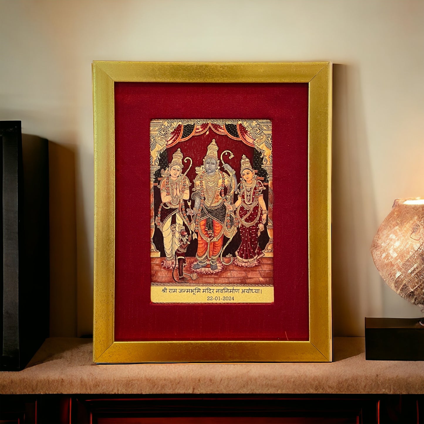 Rama,Sita,Lakshmana & Hanuman in Red Silk With Gold Frame