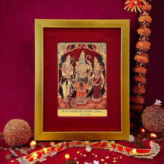 Rama,Sita,Lakshmana & Hanuman in Red Silk With Gold Frame
