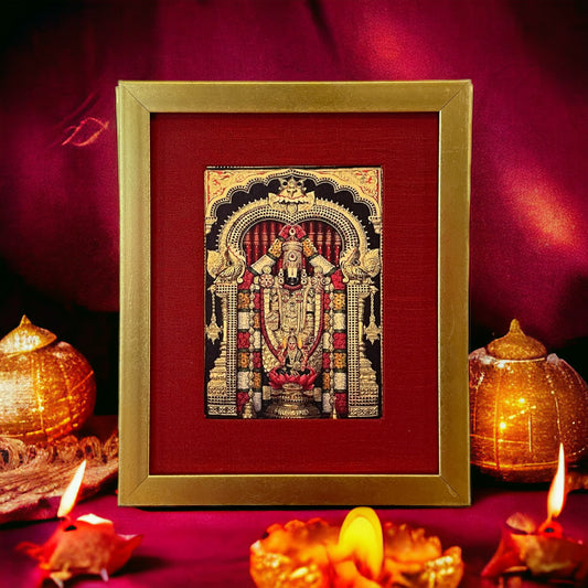 The Divine Presence of God Tirupati Balaji in Red Silk with Gold Frame
