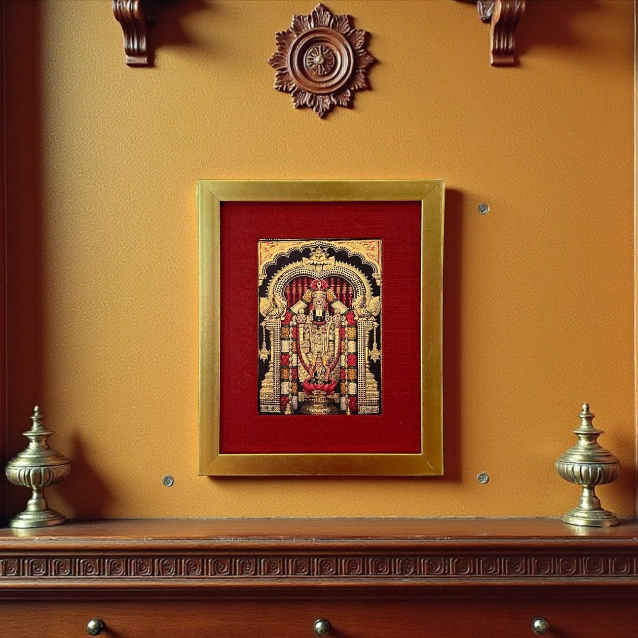 The Divine Presence of God Tirupati Balaji in Red Silk with Gold Frame