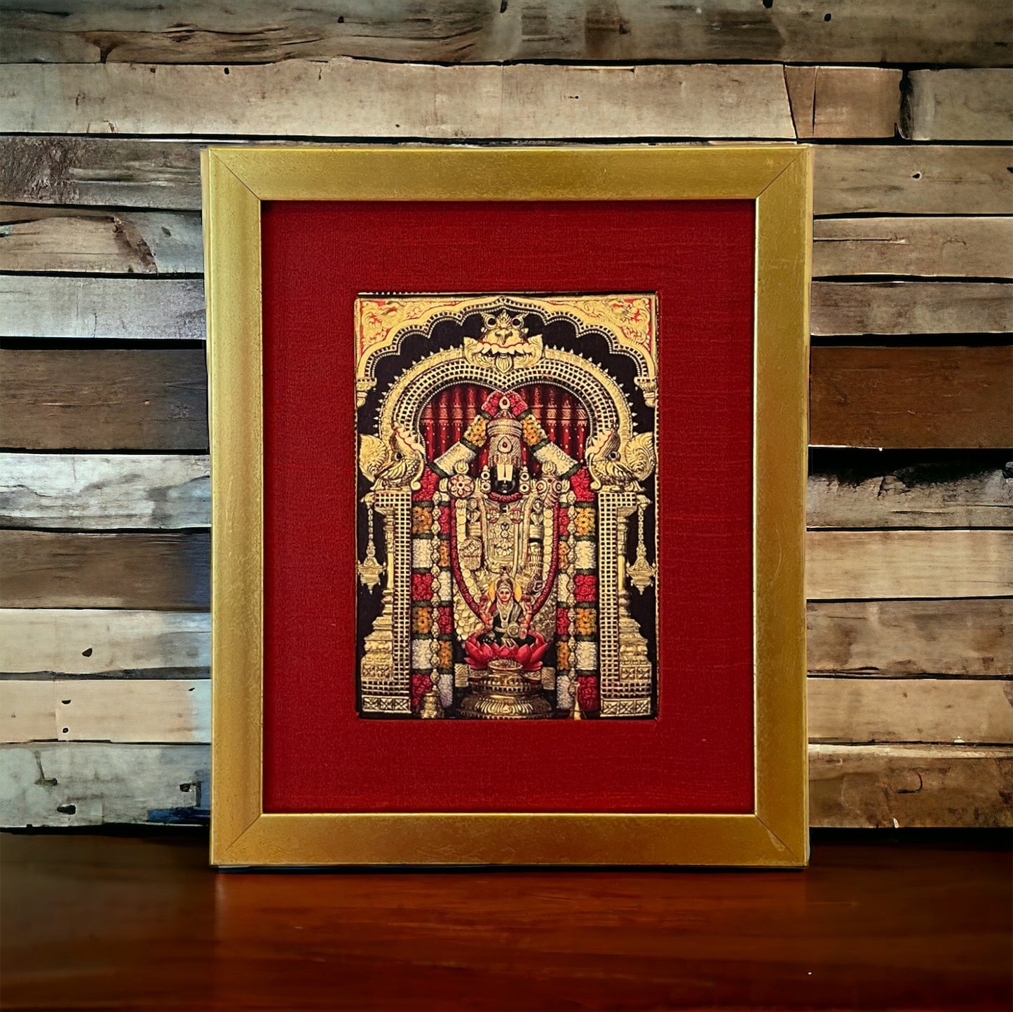 The Divine Presence of God Tirupati Balaji in Red Silk with Gold Frame