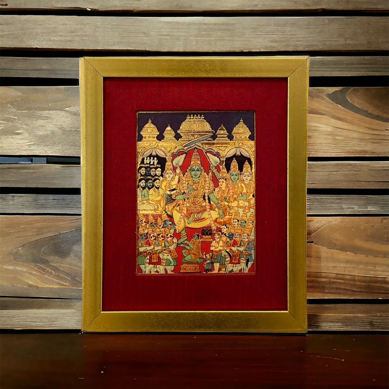 Sri Ram Pattabisekham, the Coronation ceremony photo on a gold leafed paper with red wine silk gold frame