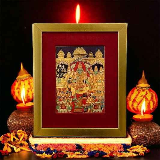 Sri Ram Pattabisekham, the Coronation ceremony photo on a gold leafed paper with red wine silk gold frame