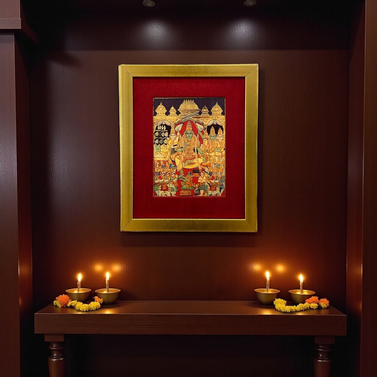 Sri Ram Pattabisekham, the Coronation ceremony photo on a gold leafed paper with red wine silk gold frame