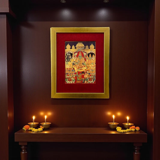 Sri Ram Pattabisekham, the Coronation ceremony photo on a gold leafed paper with red wine silk gold frame