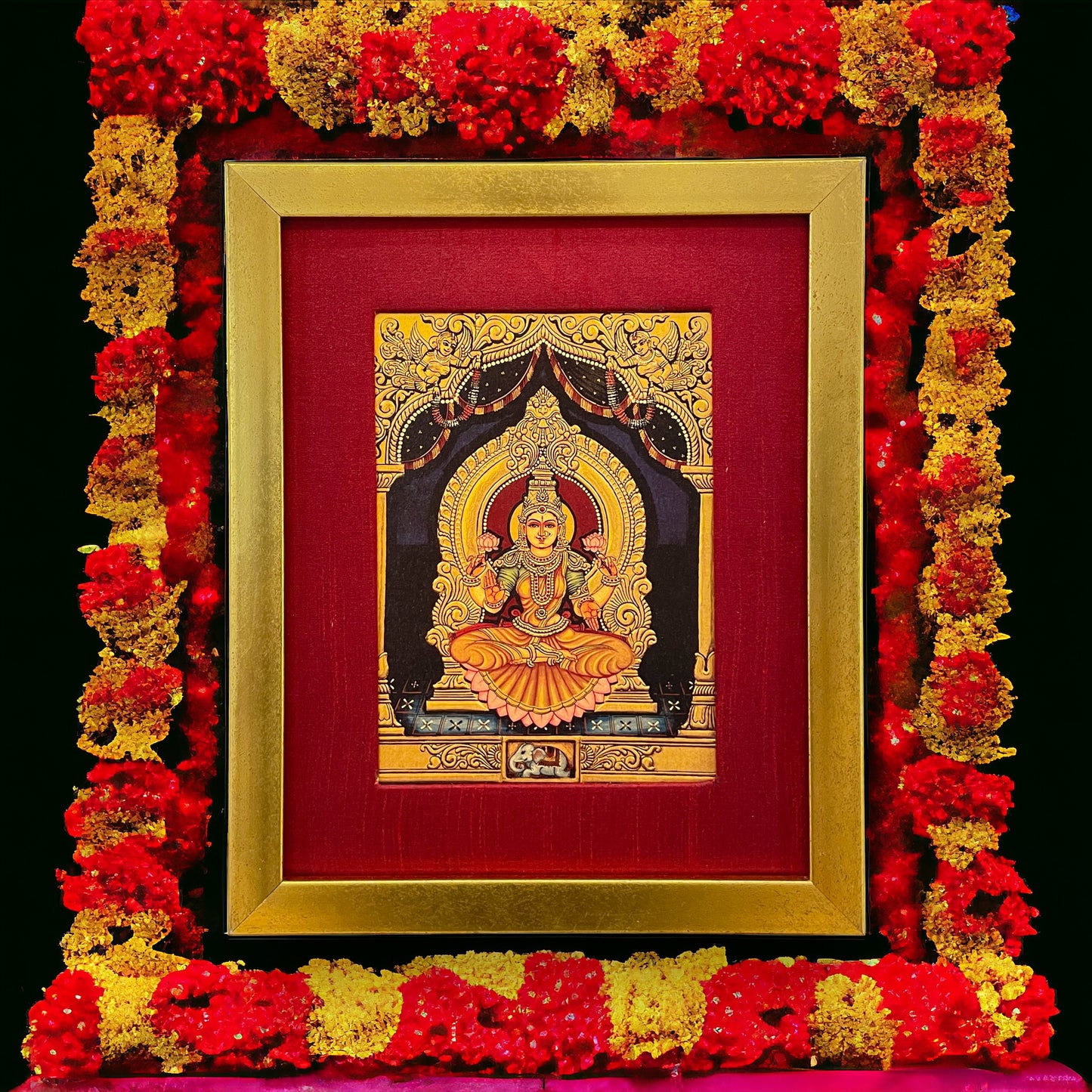 Radiant Elegance: Lakshmi Devi's Divine Presence in Red Silk with Gold Frame