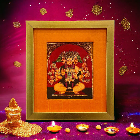 Transcendent Majesty of God Panchamooki Hanuman in Orange Silk With Gold Frame