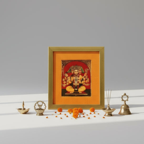 Transcendent Majesty of God Panchamooki Hanuman in Orange Silk With Gold Frame
