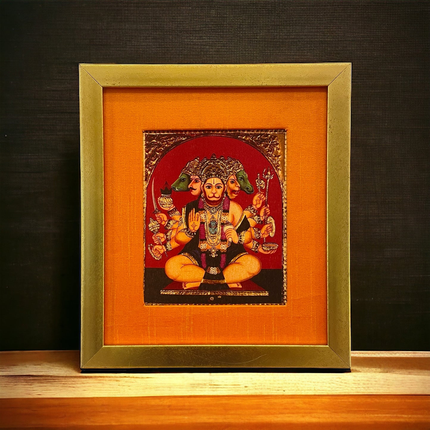 Transcendent Majesty of God Panchamooki Hanuman in Orange Silk With Gold Frame