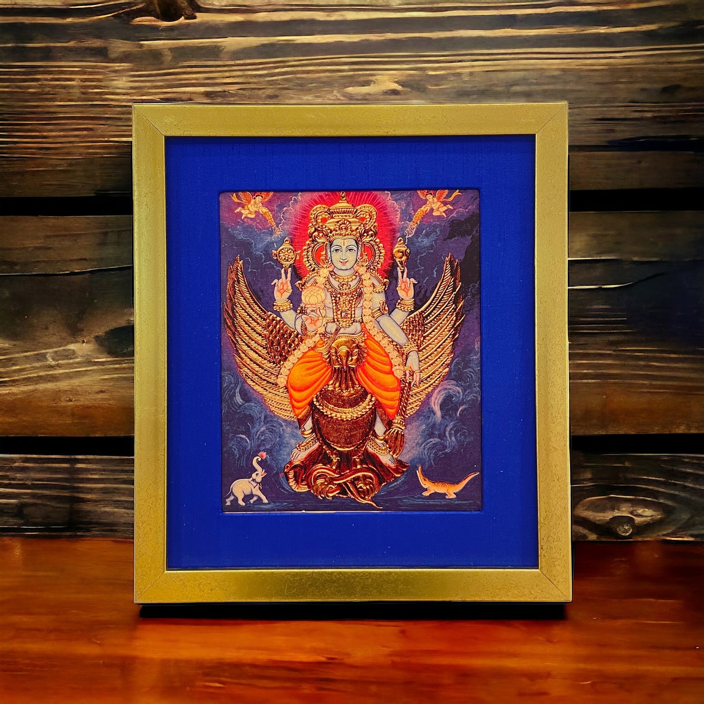 Sacred Serenity: Mahavishnu With Garuda Bhagavan in Blue Silk with Gold Frame