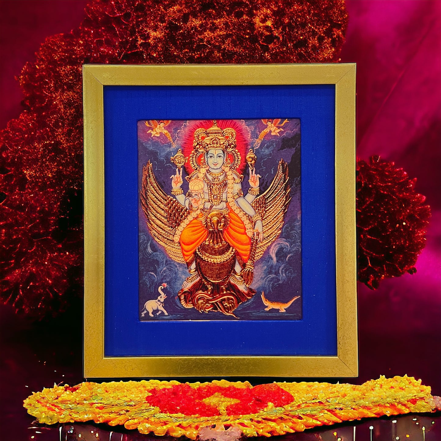 Sacred Serenity: Mahavishnu With Garuda Bhagavan in Blue Silk with Gold Frame