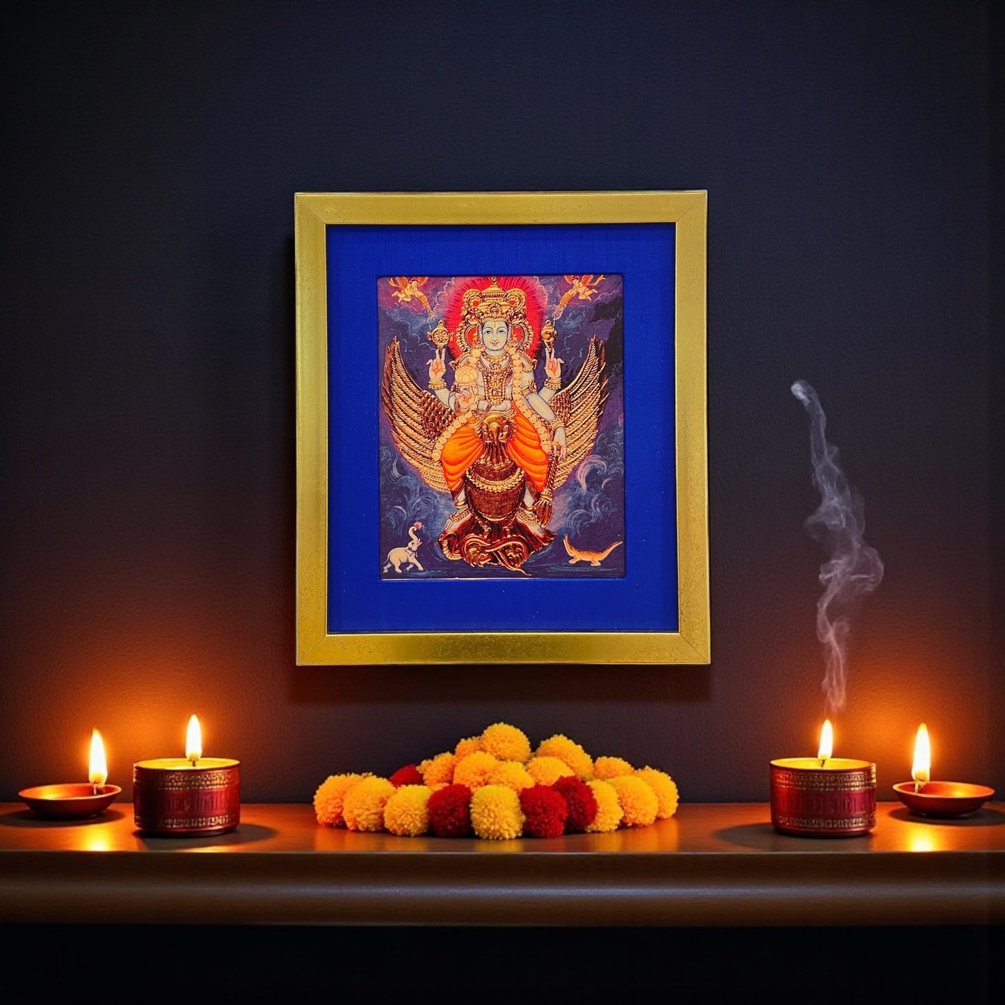 Sacred Serenity: Mahavishnu With Garuda Bhagavan in Blue Silk with Gold Frame