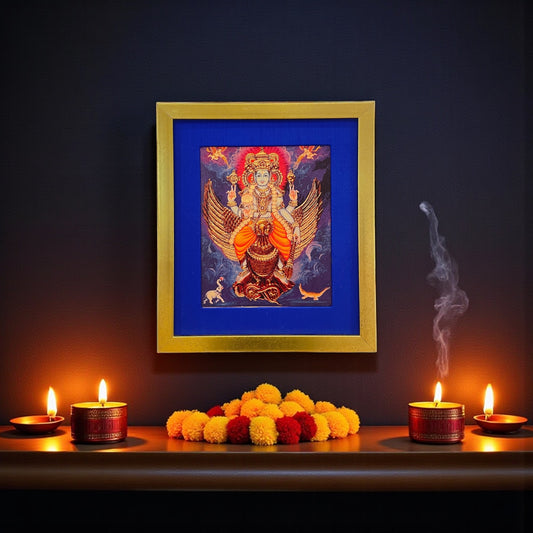 Sacred Serenity: Mahavishnu With Garuda Bhagavan in Blue Silk with Gold Frame