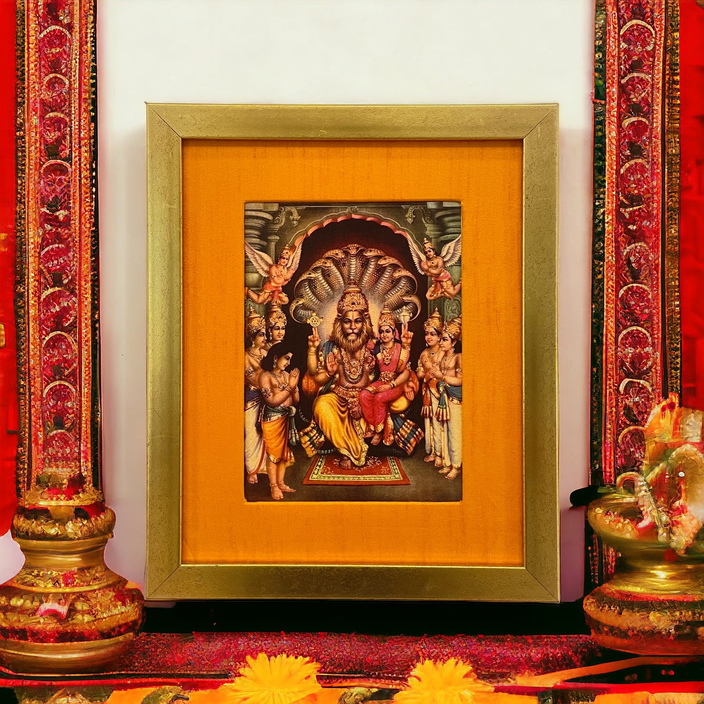 Sacred Harmony: God Lakshmi Narasimha Swamy in Orange Silk With Gold Frame