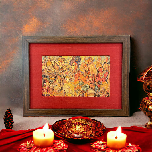 Harmony Within: The Ardhanarishvara Revelation in Red Silk with Brown Frame