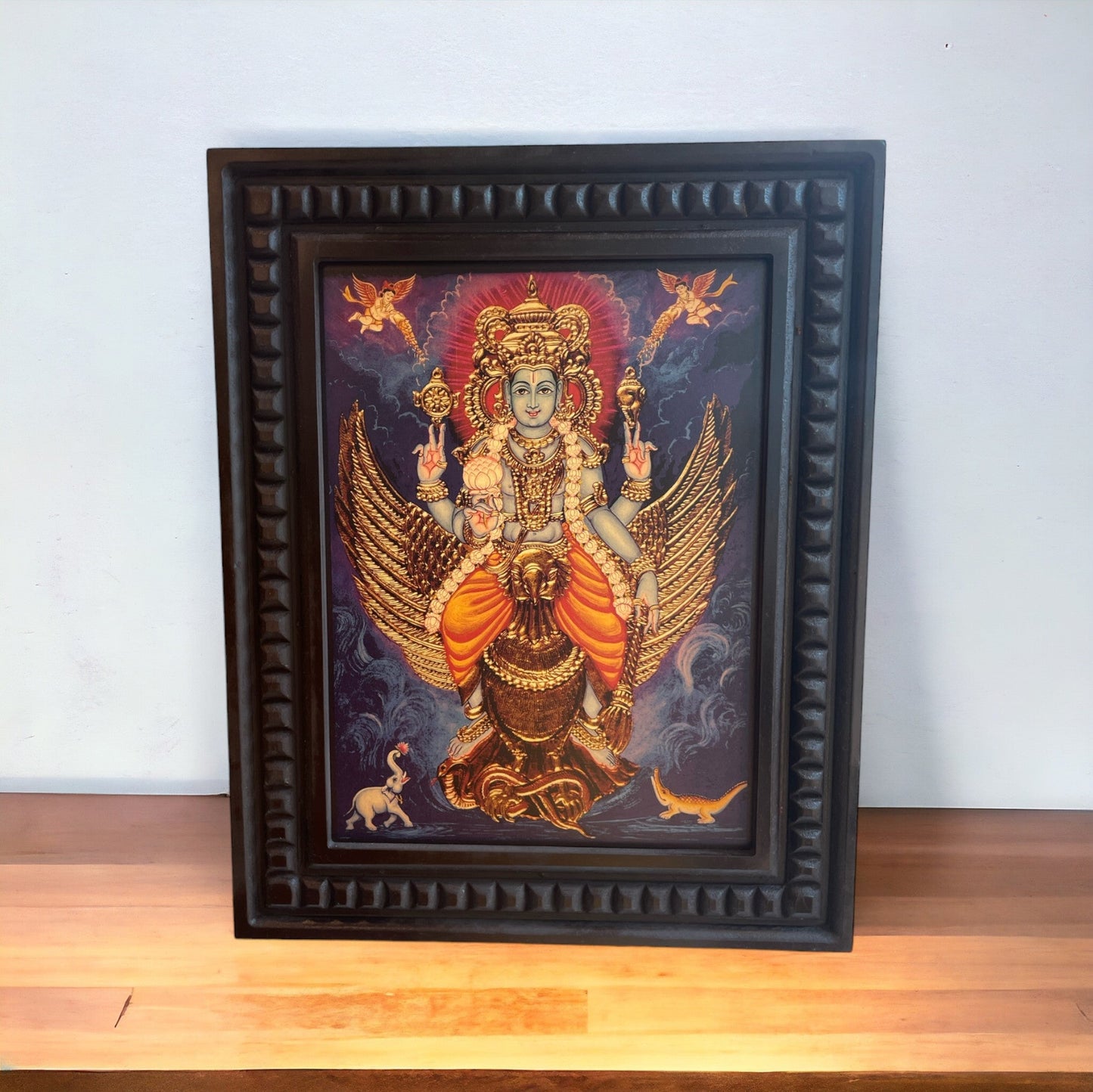 Vishnu: Mahavishnu  seated on his vahan Garud Gold Leafed Art  With Wooden Frame