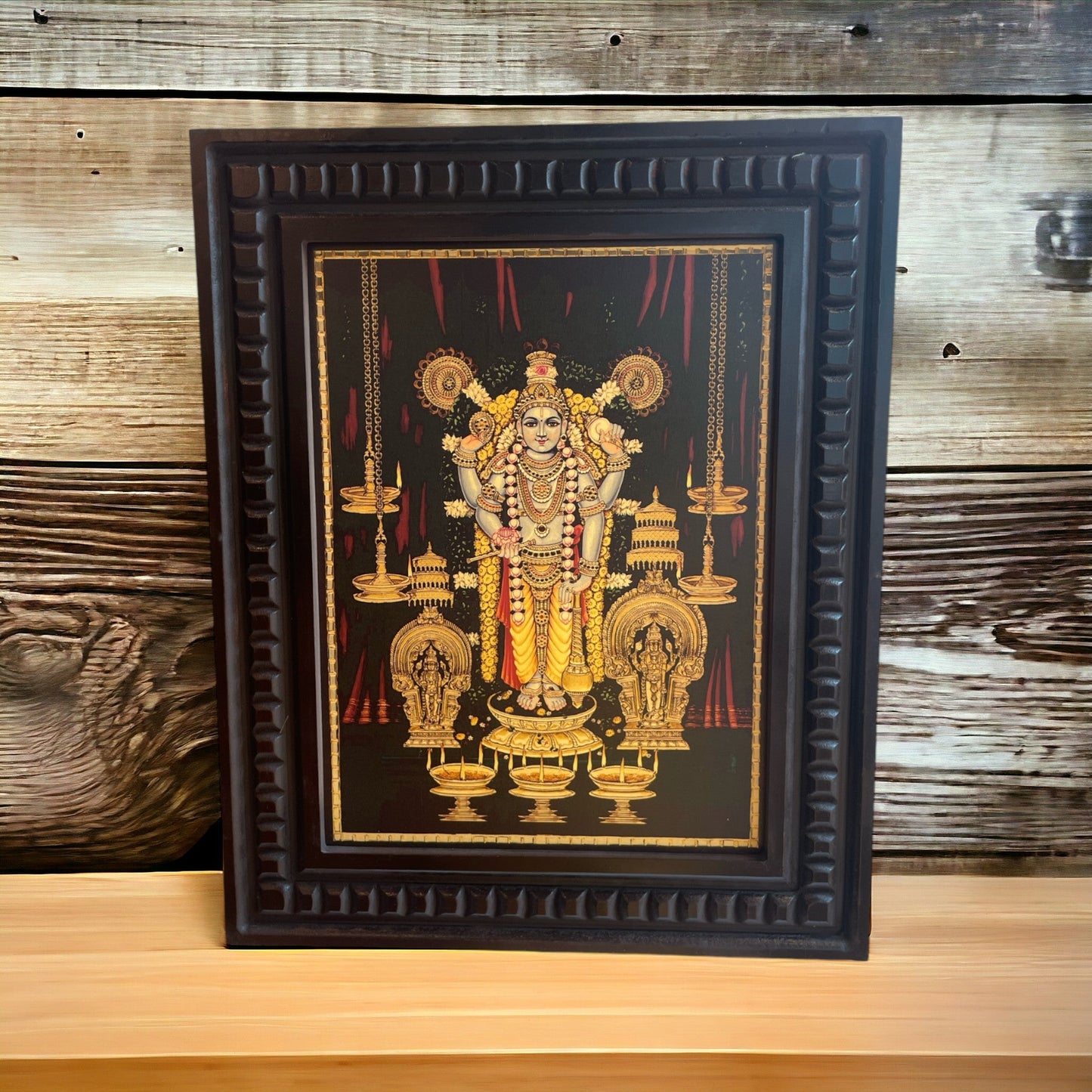 Guruvayurappan Gold Leafed Art With Wooden Frame