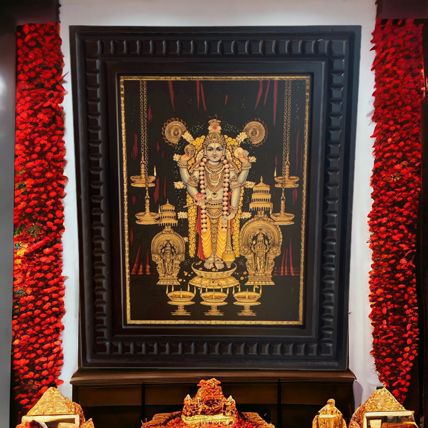 Guruvayurappan Gold Leafed Art With Wooden Frame