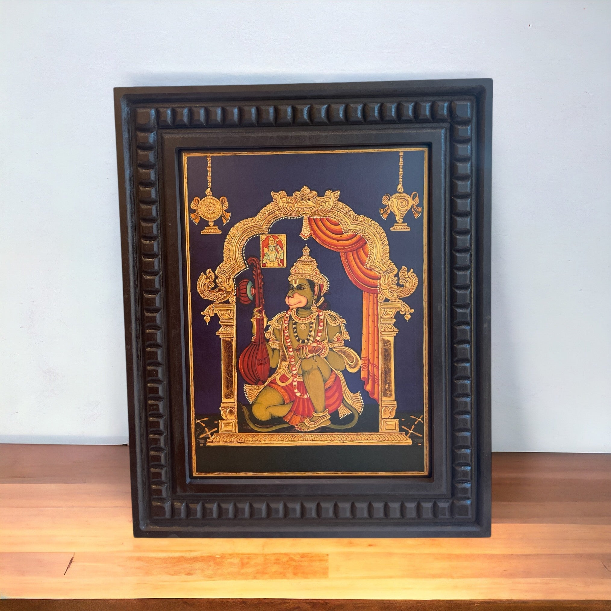 Hanuman : Maruti Playing Viena Gold Leafed Art  With Wooden Frame